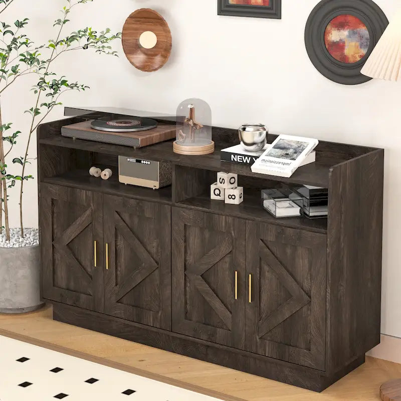 Spliced Panel Buffet Sideboard Cabinet with Open Shelf & Metal Handles – 55 Inch