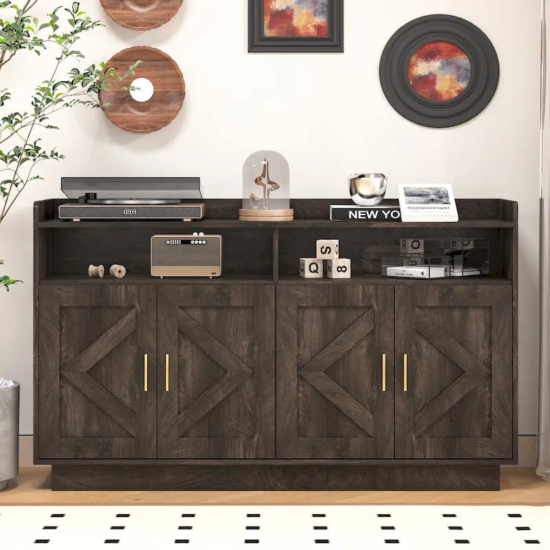 Spliced Panel Buffet Sideboard Cabinet with Open Shelf & Metal Handles – 55 Inch