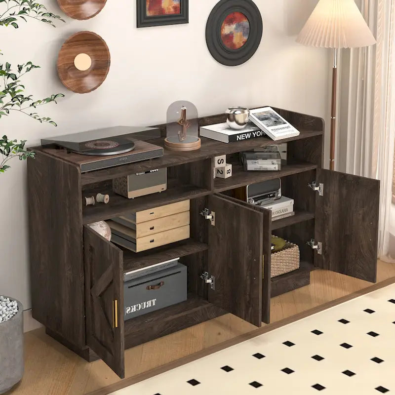Spliced Panel Buffet Sideboard Cabinet with Open Shelf & Metal Handles – 55 Inch