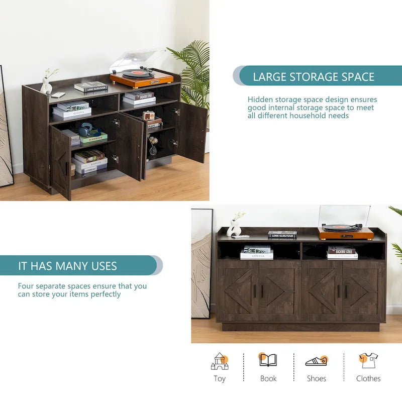 Spliced Panel Buffet Sideboard Cabinet with Open Shelf & Metal Handles – 55 Inch