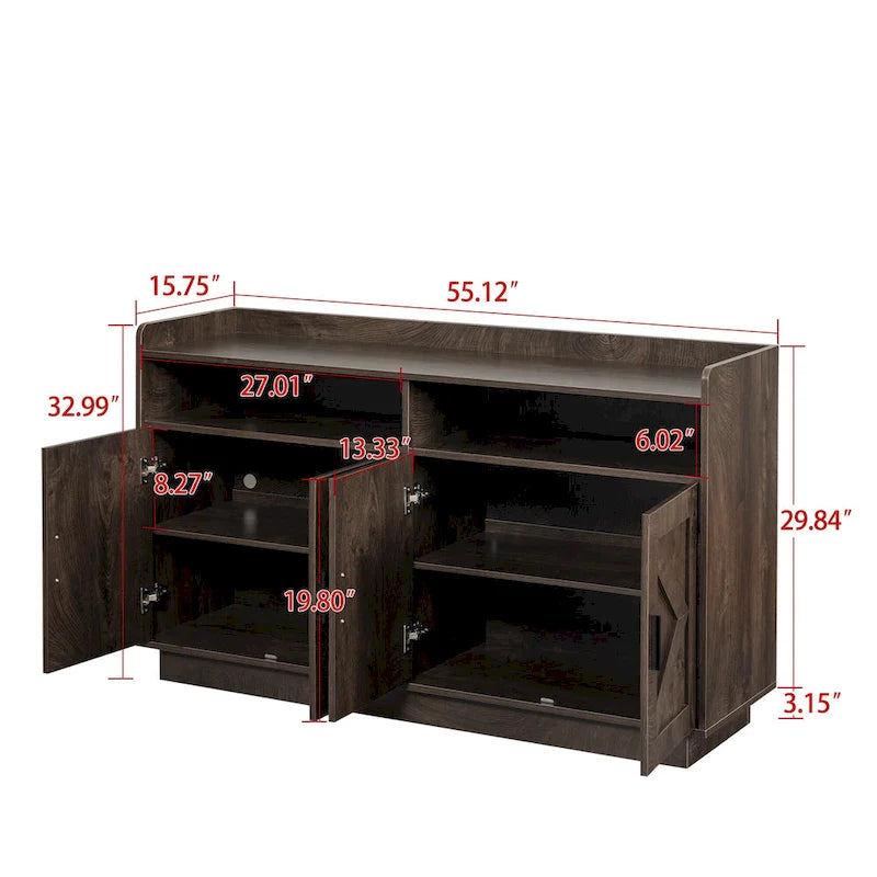 Spliced Panel Buffet Sideboard Cabinet with Open Shelf & Metal Handles – 55 Inch
