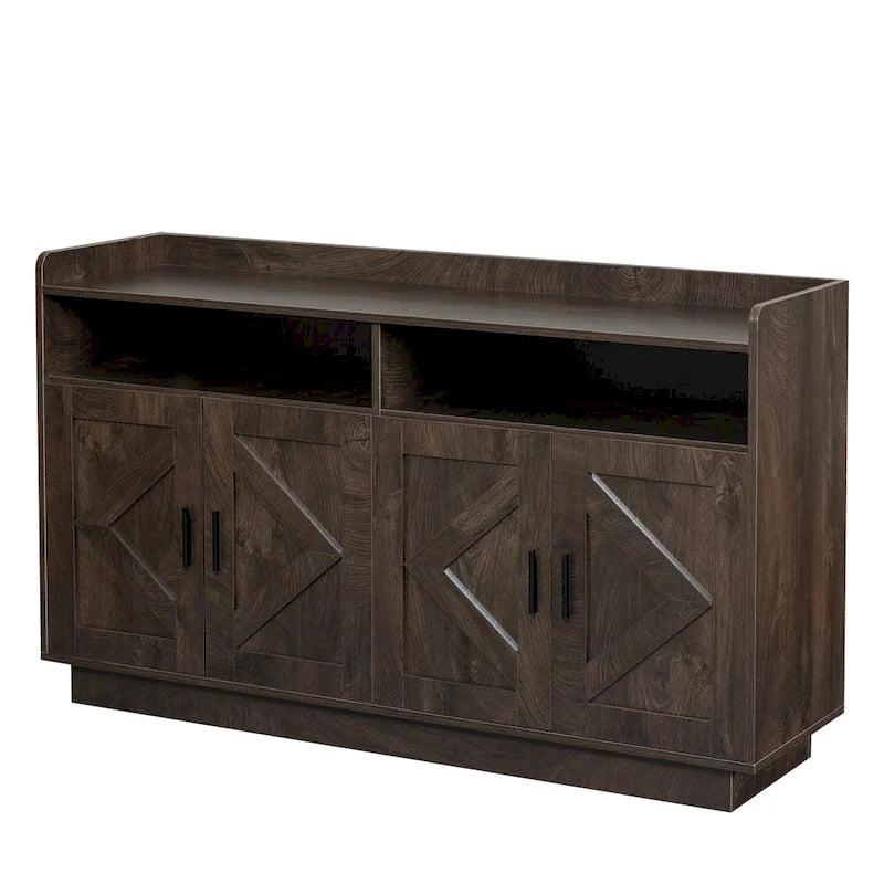 Spliced Panel Buffet Sideboard Cabinet with Open Shelf & Metal Handles – 55 Inch