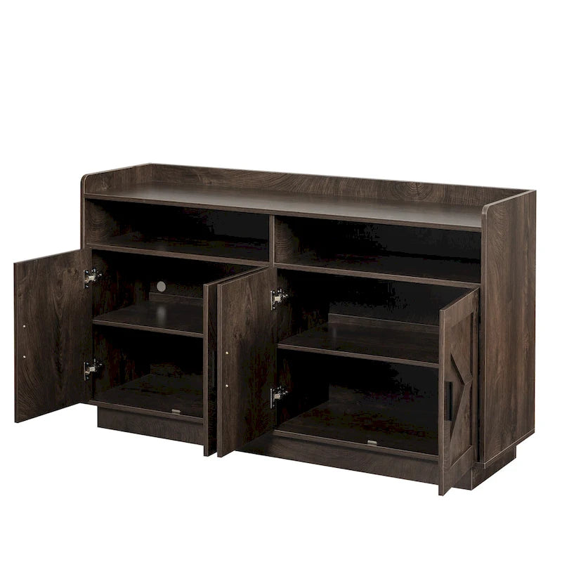 Spliced Panel Buffet Sideboard Cabinet with Open Shelf & Metal Handles – 55 Inch