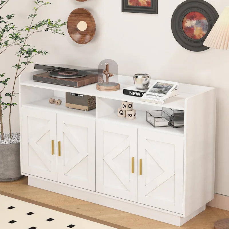 Spliced Panel Buffet Sideboard Cabinet with Open Shelf & Metal Handles – 55 Inch