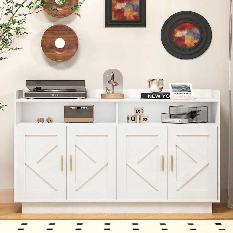 Spliced Panel Buffet Sideboard Cabinet with Open Shelf & Metal Handles – 55 Inch