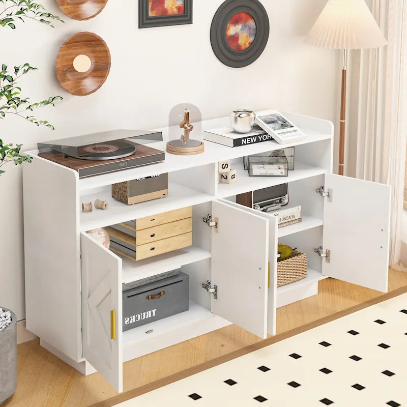 Spliced Panel Buffet Sideboard Cabinet with Open Shelf & Metal Handles – 55 Inch