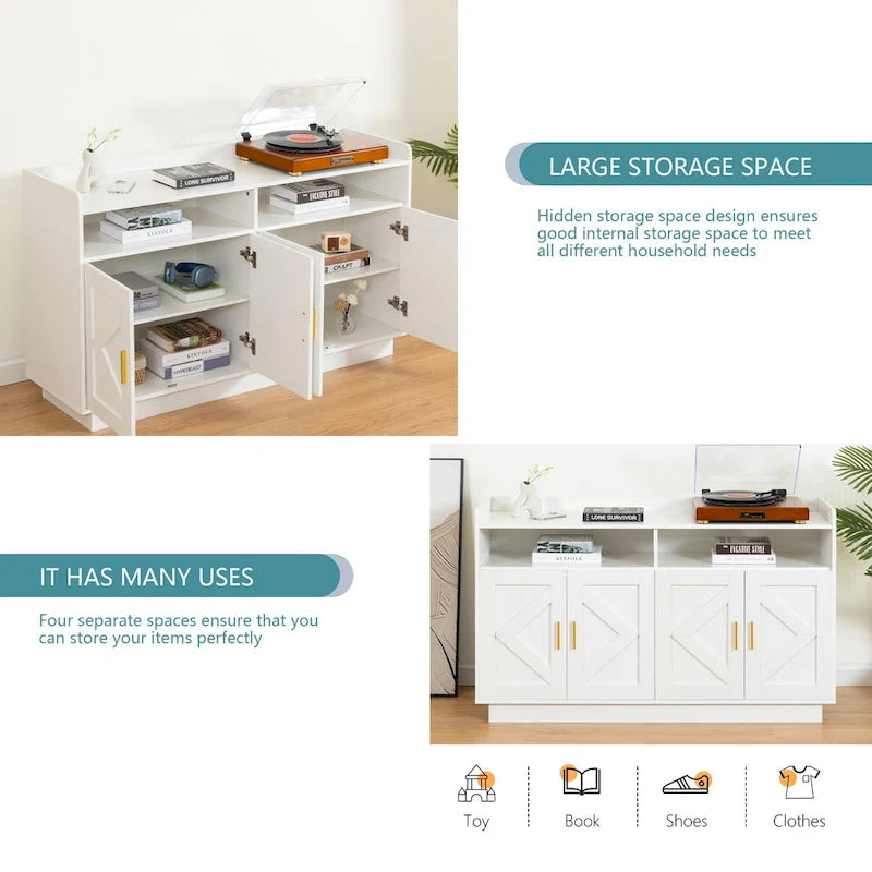 Spliced Panel Buffet Sideboard Cabinet with Open Shelf & Metal Handles – 55 Inch