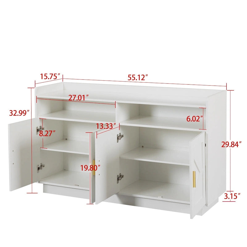 Spliced Panel Buffet Sideboard Cabinet with Open Shelf & Metal Handles – 55 Inch
