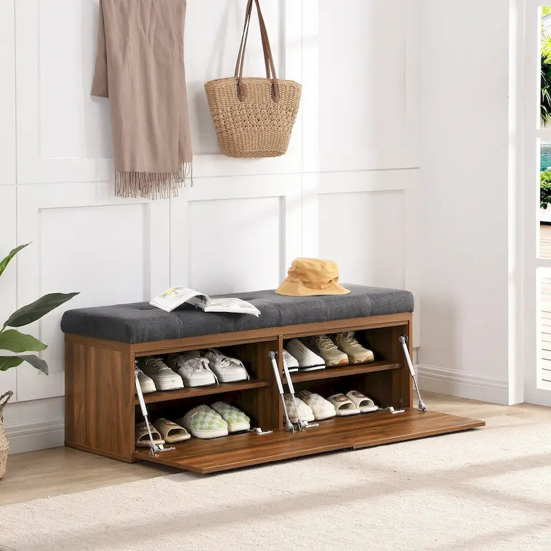 Entryway Storage Bench with Padded Seat & Double-Door Cabinet