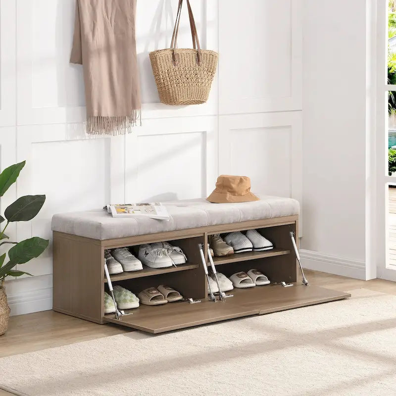 Entryway Storage Bench with Padded Seat & Double-Door Cabinet