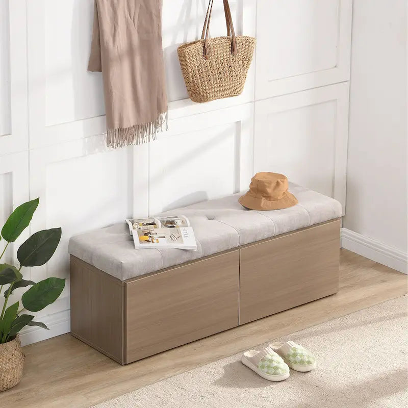 Entryway Storage Bench with Padded Seat & Double-Door Cabinet