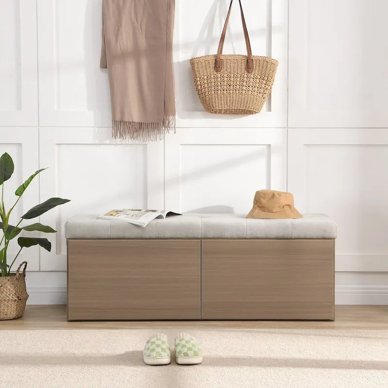 Entryway Storage Bench with Padded Seat & Double-Door Cabinet