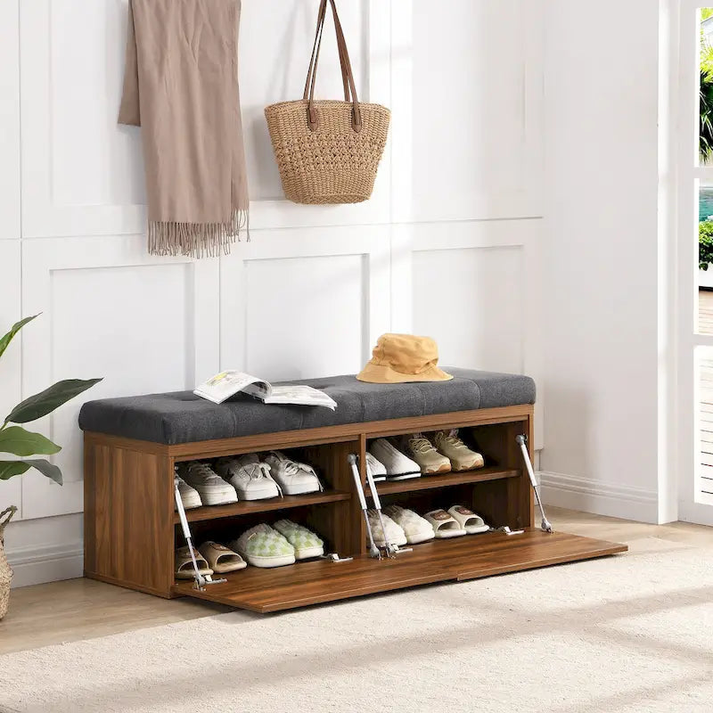Entryway Storage Bench with Padded Seat & Double-Door Cabinet