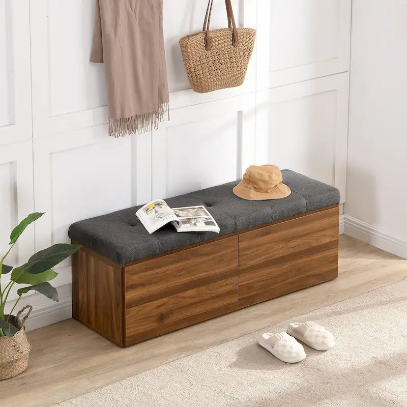 Entryway Storage Bench with Padded Seat & Double-Door Cabinet