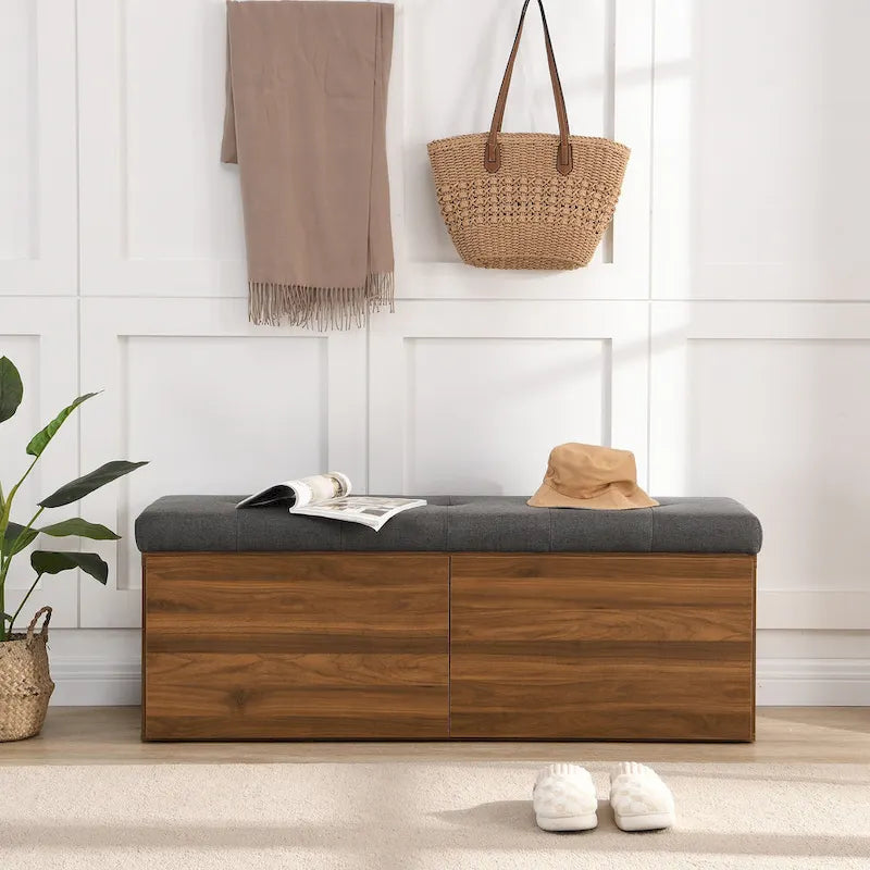 Entryway Storage Bench with Padded Seat & Double-Door Cabinet