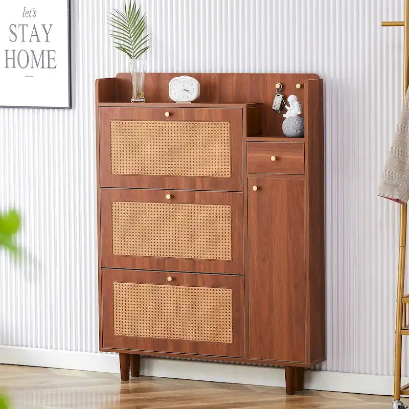 Japanese Rattan-Weave Storage Cabinet | Minimalist Entryway Shoe Cabinet