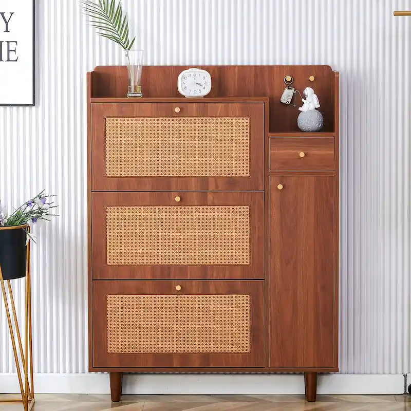 Japanese Rattan-Weave Storage Cabinet | Minimalist Entryway Shoe Cabinet