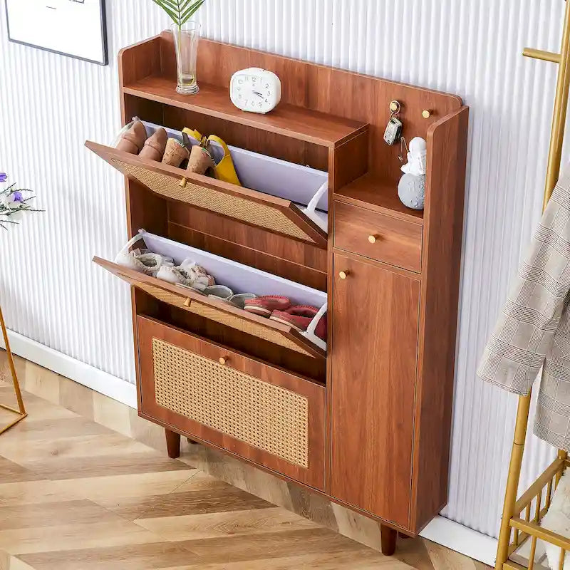 Japanese Rattan-Weave Storage Cabinet | Minimalist Entryway Shoe Cabinet