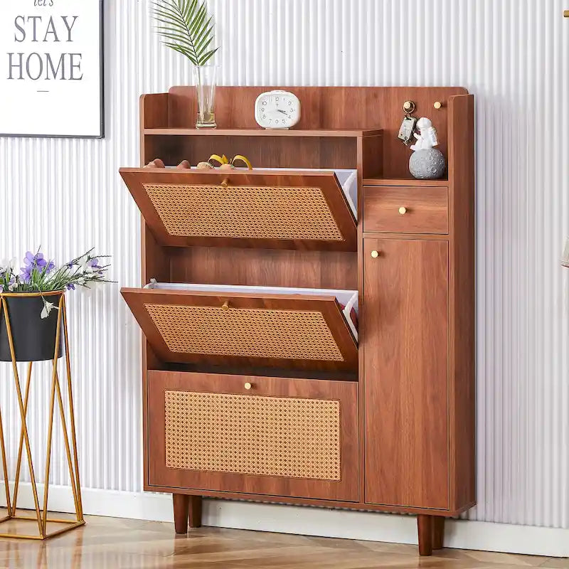 Japanese Rattan-Weave Storage Cabinet | Minimalist Entryway Shoe Cabinet