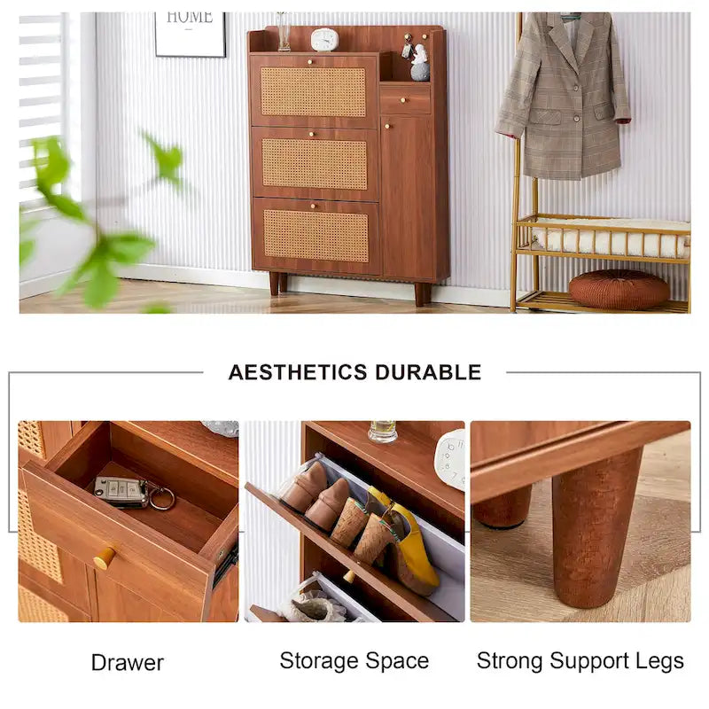 Japanese Rattan-Weave Storage Cabinet | Minimalist Entryway Shoe Cabinet