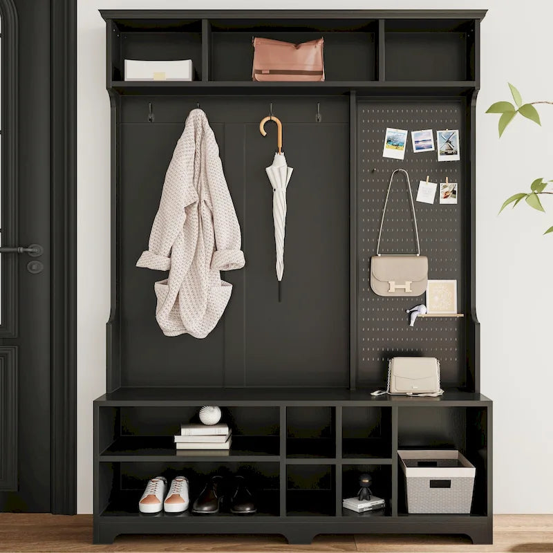 5-in-1 Entryway Hall Tree with Shoe Bench, Pegboard, Coat Hooks and Storage Shelves