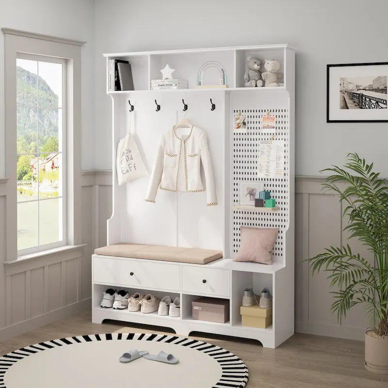 5-in-1 Entryway Hall Tree with Shoe Bench, Pegboard, Coat Hooks and Storage Shelves