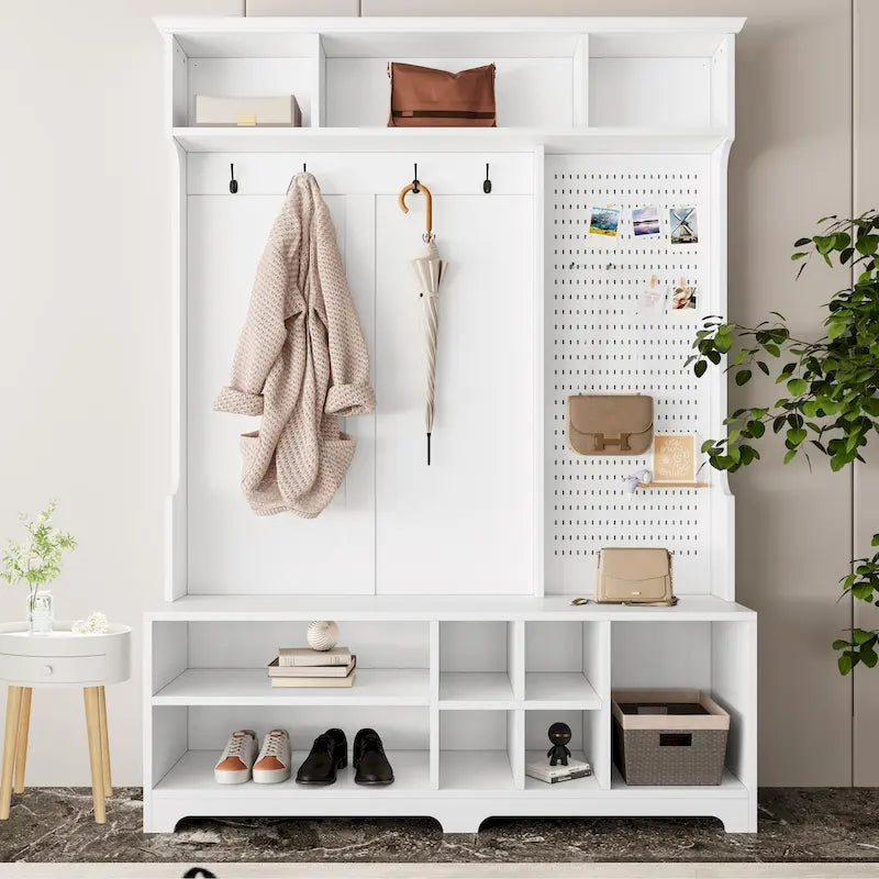 5-in-1 Entryway Hall Tree with Shoe Bench, Pegboard, Coat Hooks and Storage Shelves