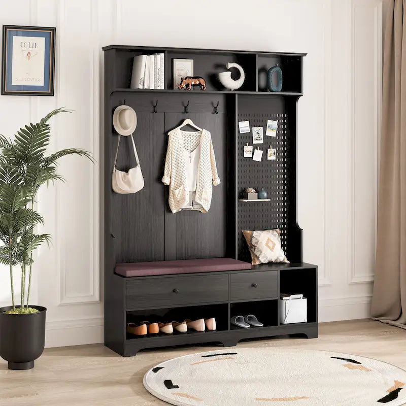 5-in-1 Entryway Hall Tree with Shoe Bench, Pegboard, Coat Hooks and Storage Shelves