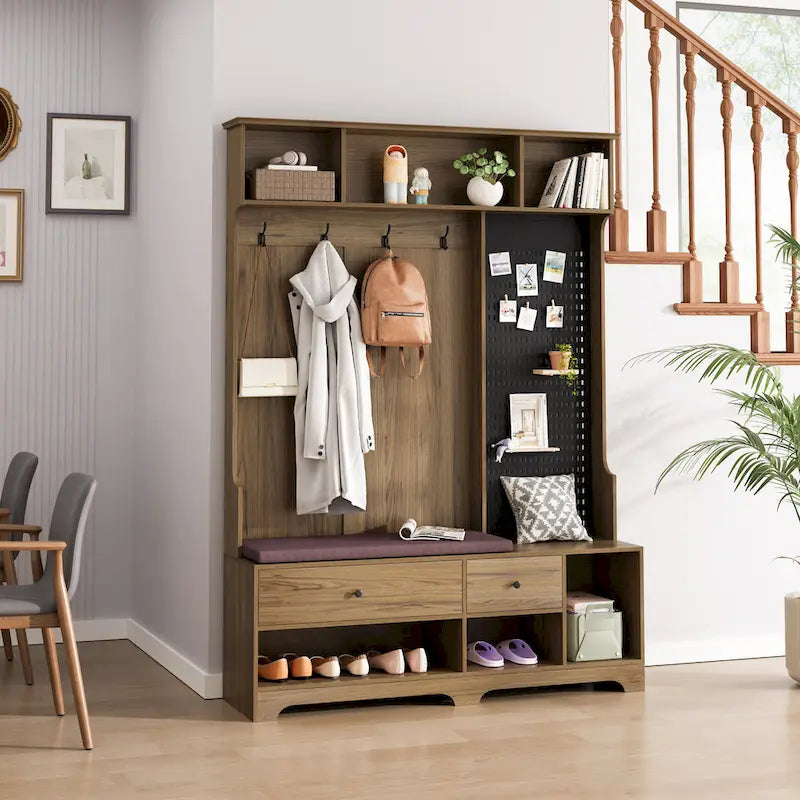 5-in-1 Entryway Hall Tree with Shoe Bench, Pegboard, Coat Hooks and Storage Shelves