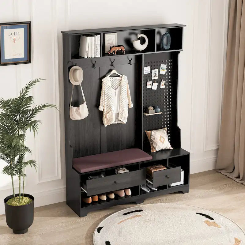 5-in-1 Entryway Hall Tree with Shoe Bench, Pegboard, Coat Hooks and Storage Shelves