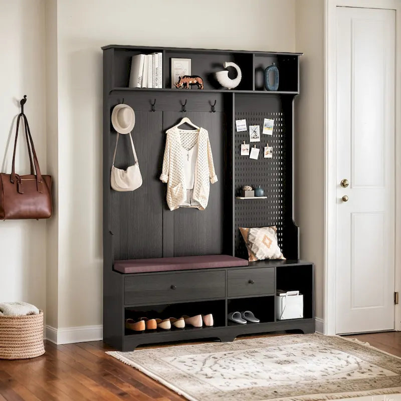 5-in-1 Entryway Hall Tree with Shoe Bench, Pegboard, Coat Hooks and Storage Shelves