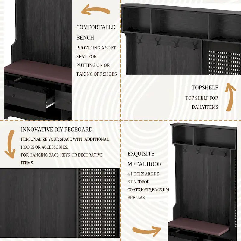 5-in-1 Entryway Hall Tree with Shoe Bench, Pegboard, Coat Hooks and Storage Shelves
