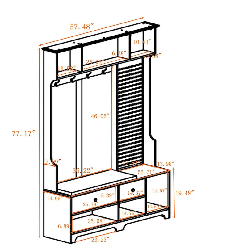 5-in-1 Entryway Hall Tree with Shoe Bench, Pegboard, Coat Hooks and Storage Shelves