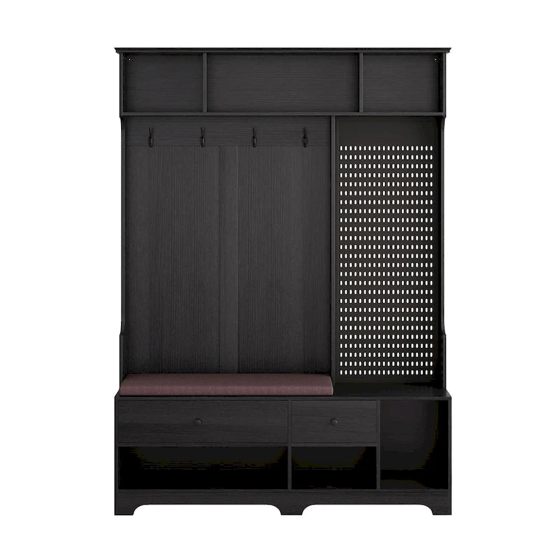 5-in-1 Entryway Hall Tree with Shoe Bench, Pegboard, Coat Hooks and Storage Shelves