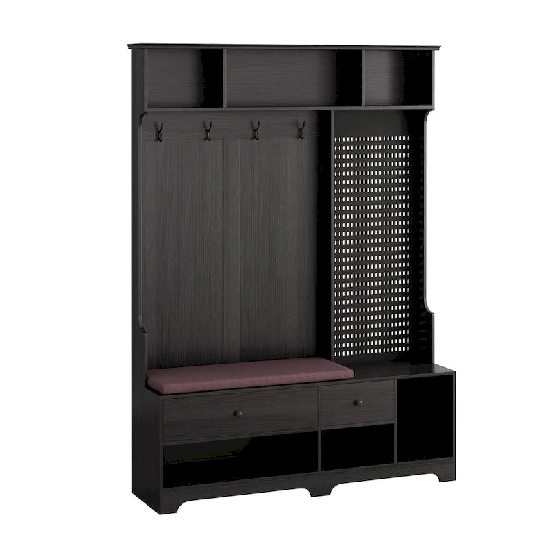 5-in-1 Entryway Hall Tree with Shoe Bench, Pegboard, Coat Hooks and Storage Shelves