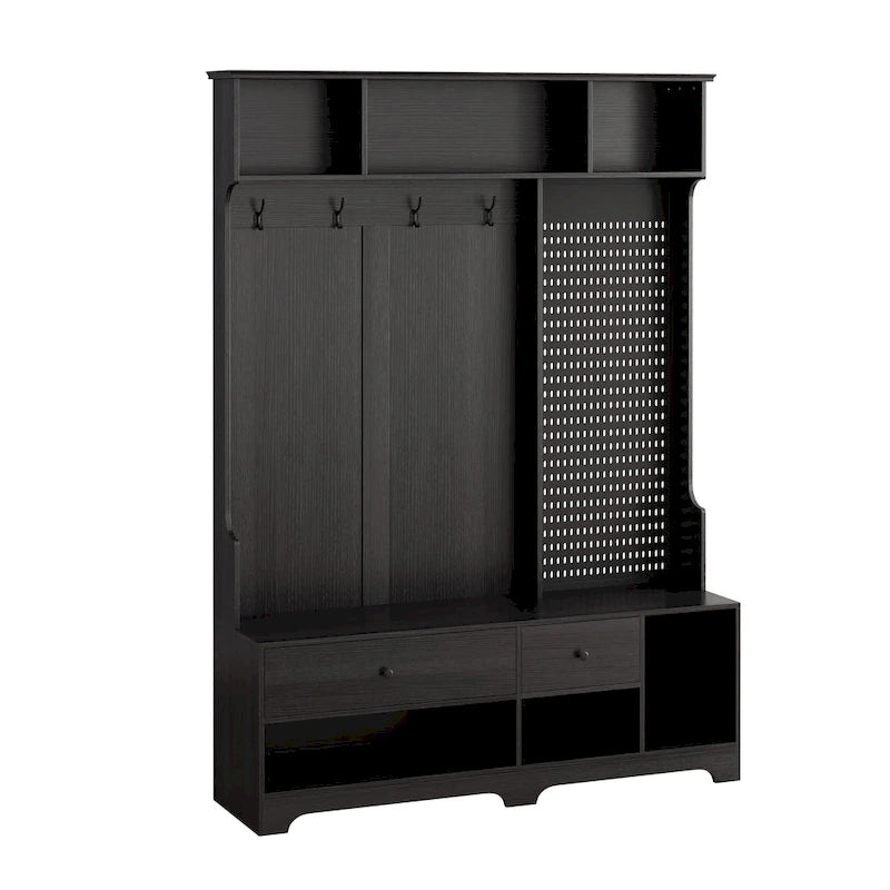 5-in-1 Entryway Hall Tree with Shoe Bench, Pegboard, Coat Hooks and Storage Shelves