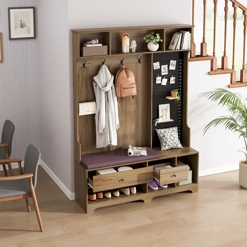 5-in-1 Entryway Hall Tree with Shoe Bench, Pegboard, Coat Hooks and Storage Shelves