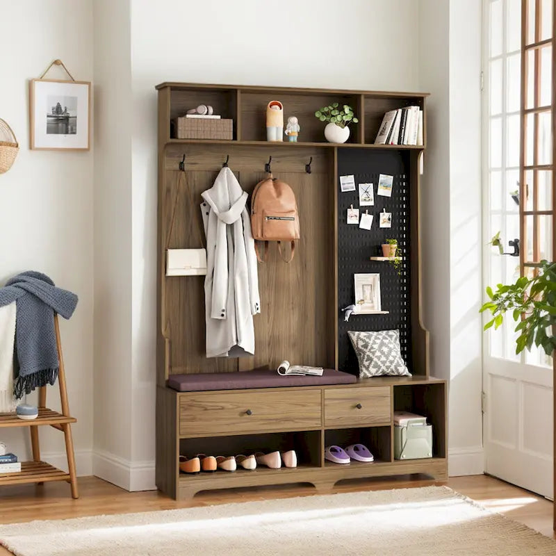 5-in-1 Entryway Hall Tree with Shoe Bench, Pegboard, Coat Hooks and Storage Shelves