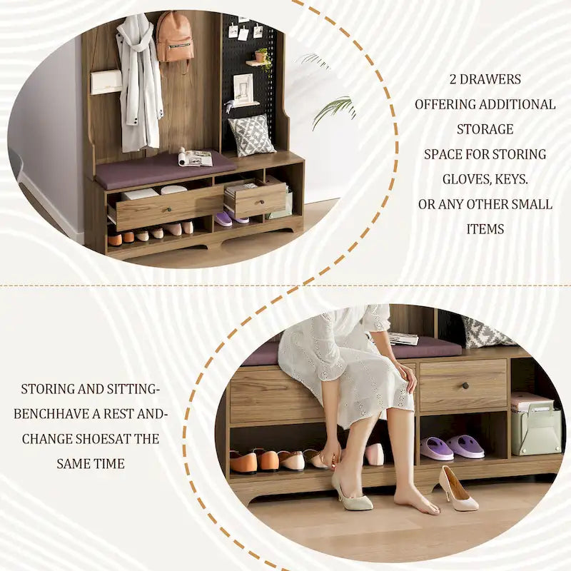 5-in-1 Entryway Hall Tree with Shoe Bench, Pegboard, Coat Hooks and Storage Shelves