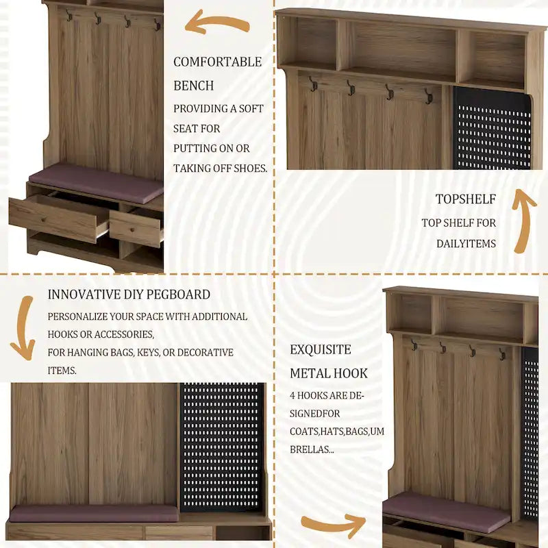 5-in-1 Entryway Hall Tree with Shoe Bench, Pegboard, Coat Hooks and Storage Shelves