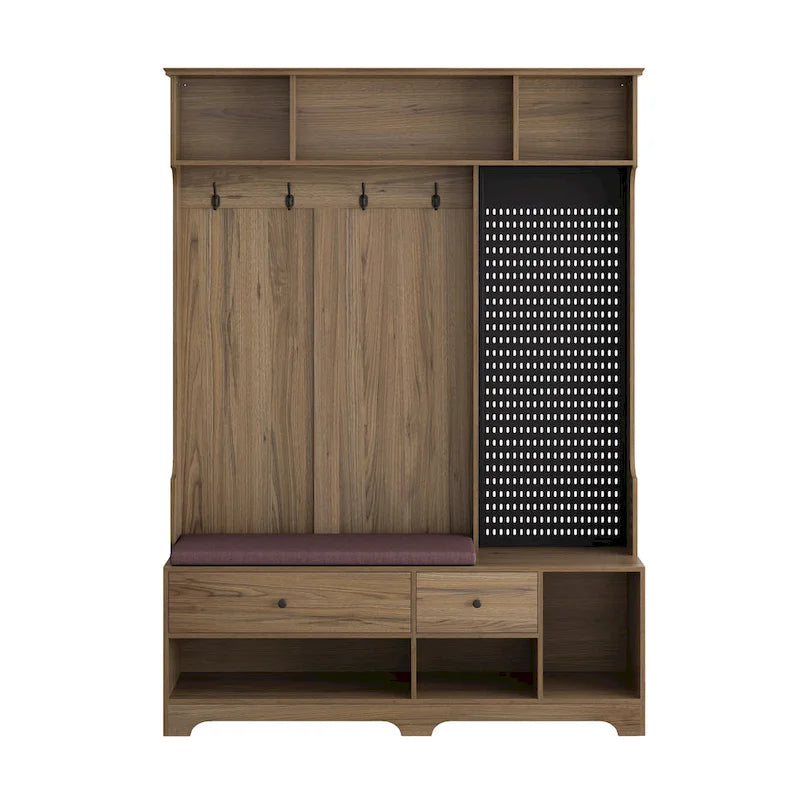 5-in-1 Entryway Hall Tree with Shoe Bench, Pegboard, Coat Hooks and Storage Shelves