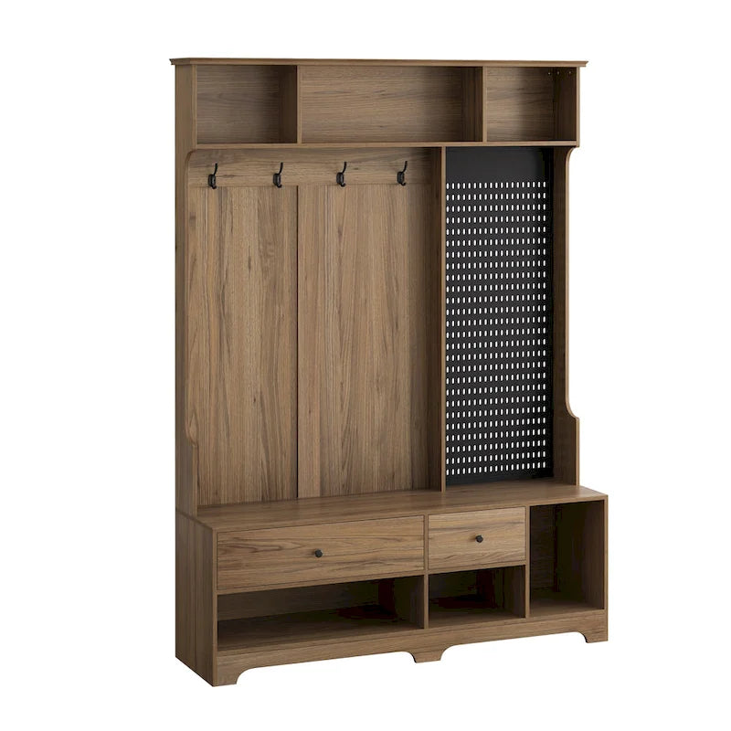 5-in-1 Entryway Hall Tree with Shoe Bench, Pegboard, Coat Hooks and Storage Shelves