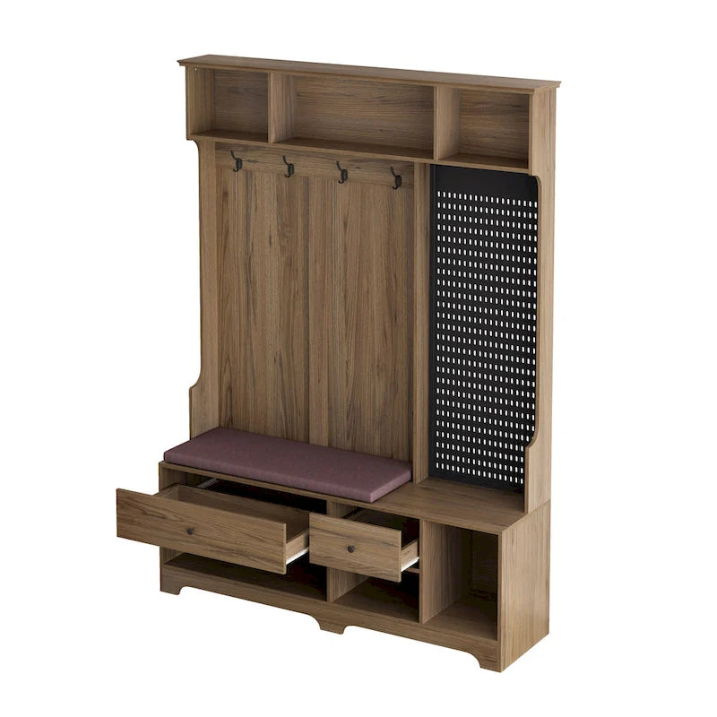 5-in-1 Entryway Hall Tree with Shoe Bench, Pegboard, Coat Hooks and Storage Shelves