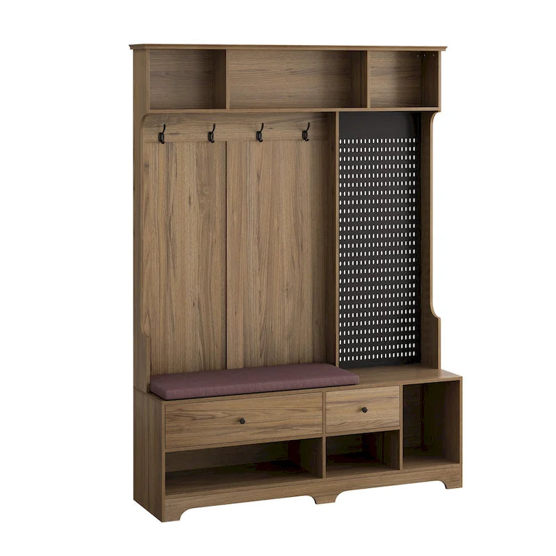 5-in-1 Entryway Hall Tree with Shoe Bench, Pegboard, Coat Hooks and Storage Shelves