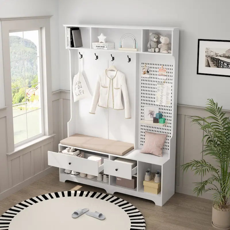 5-in-1 Entryway Hall Tree with Shoe Bench, Pegboard, Coat Hooks and Storage Shelves