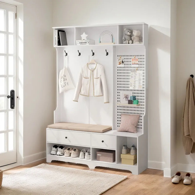 5-in-1 Entryway Hall Tree with Shoe Bench, Pegboard, Coat Hooks and Storage Shelves
