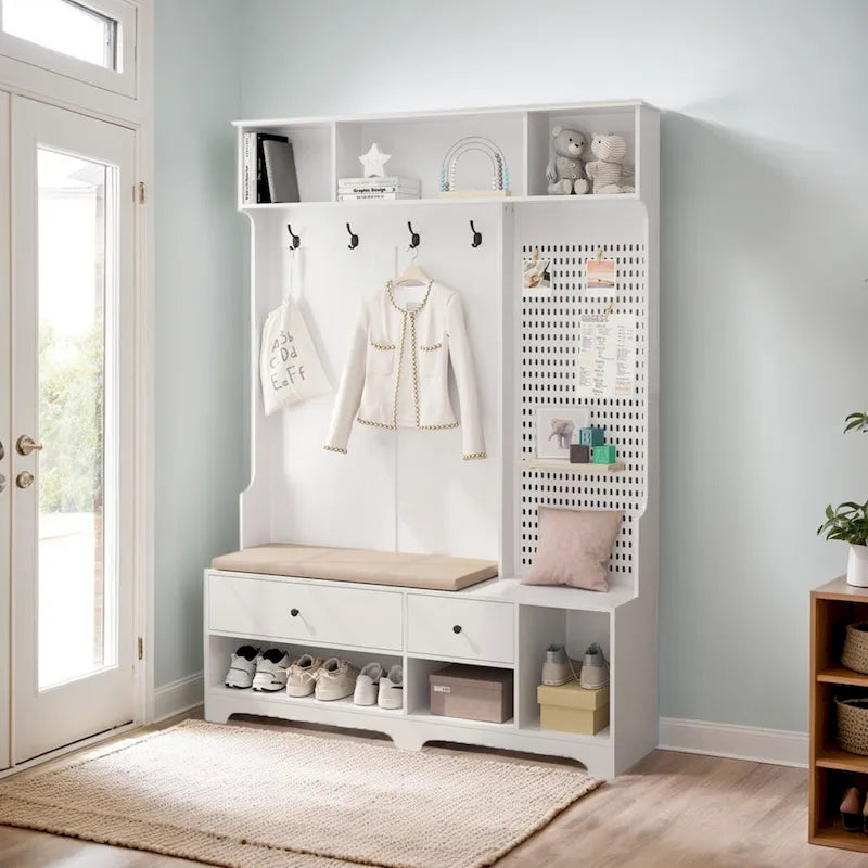 5-in-1 Entryway Hall Tree with Shoe Bench, Pegboard, Coat Hooks and Storage Shelves