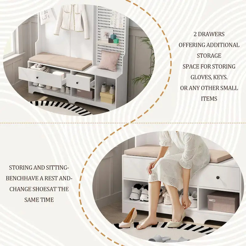 5-in-1 Entryway Hall Tree with Shoe Bench, Pegboard, Coat Hooks and Storage Shelves