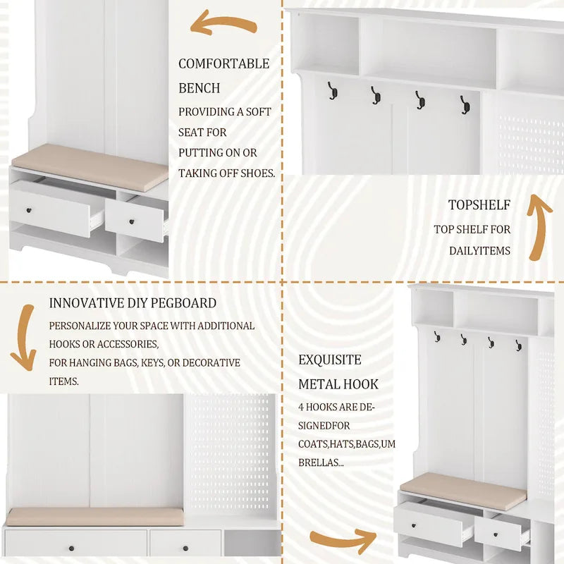 5-in-1 Entryway Hall Tree with Shoe Bench, Pegboard, Coat Hooks and Storage Shelves