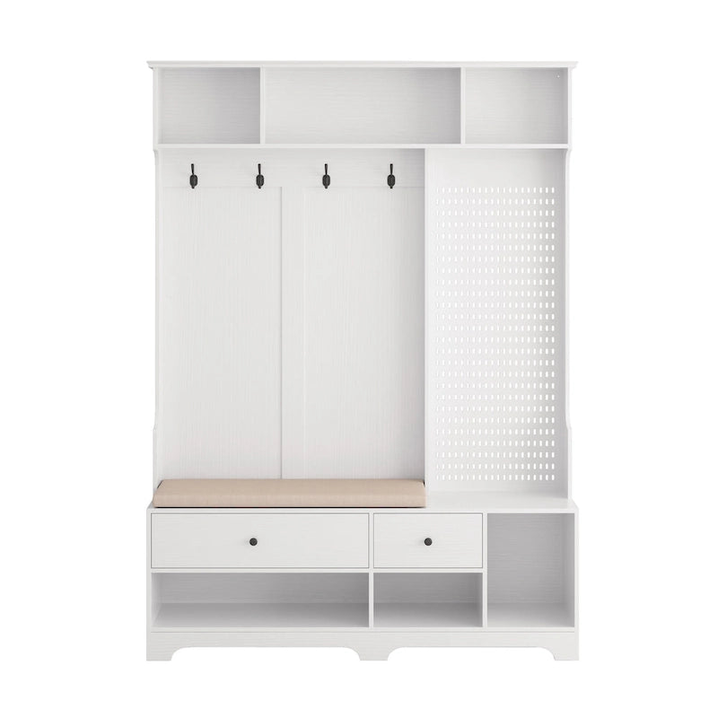 5-in-1 Entryway Hall Tree with Shoe Bench, Pegboard, Coat Hooks and Storage Shelves